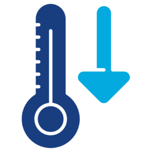 Blue thermometer and blue arrow pointing down indicate cool down