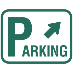 Big capital P then parking is spelled out with an arrow.