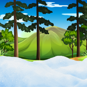 An animated forest scene has snow in the foreground