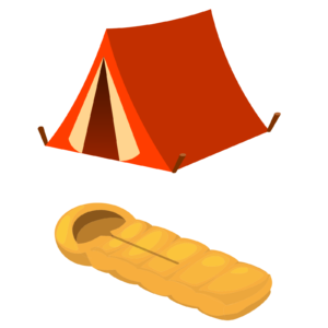 Tent and sleeping bag graphics.