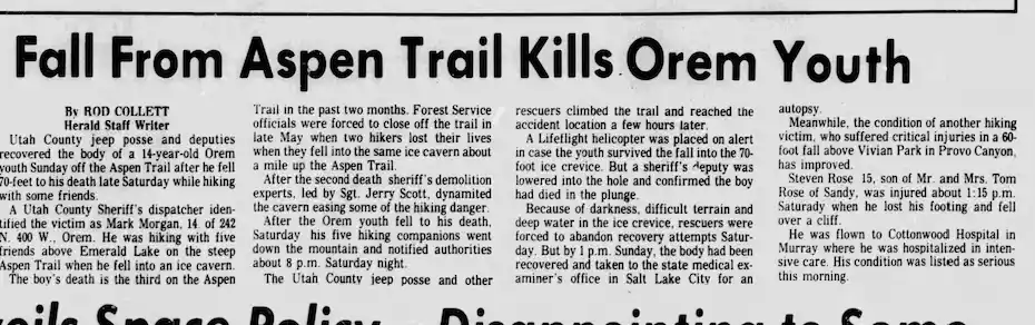 Screen cap shows newspaper article with title Fall from Aspen Trail Kills Orem Youth