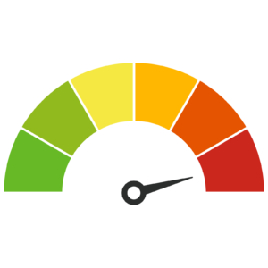 A rating scale with green yellow orange and red and the arrow is points to red