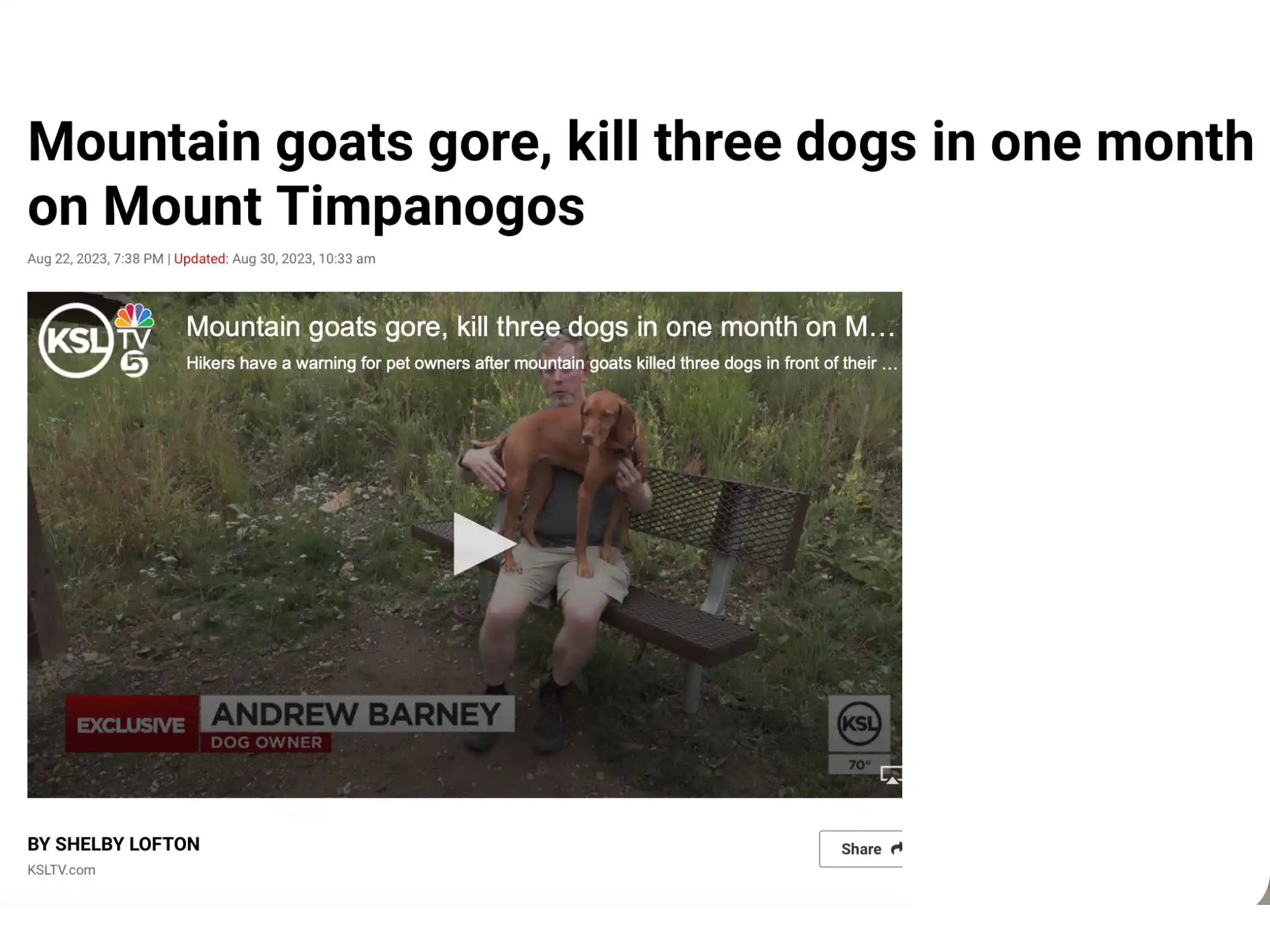 Screen cap of KSL article about goats and dogs