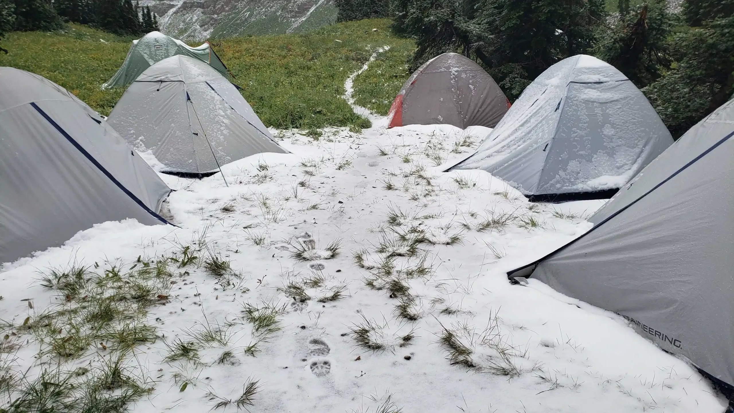 Snow on tents at high camp